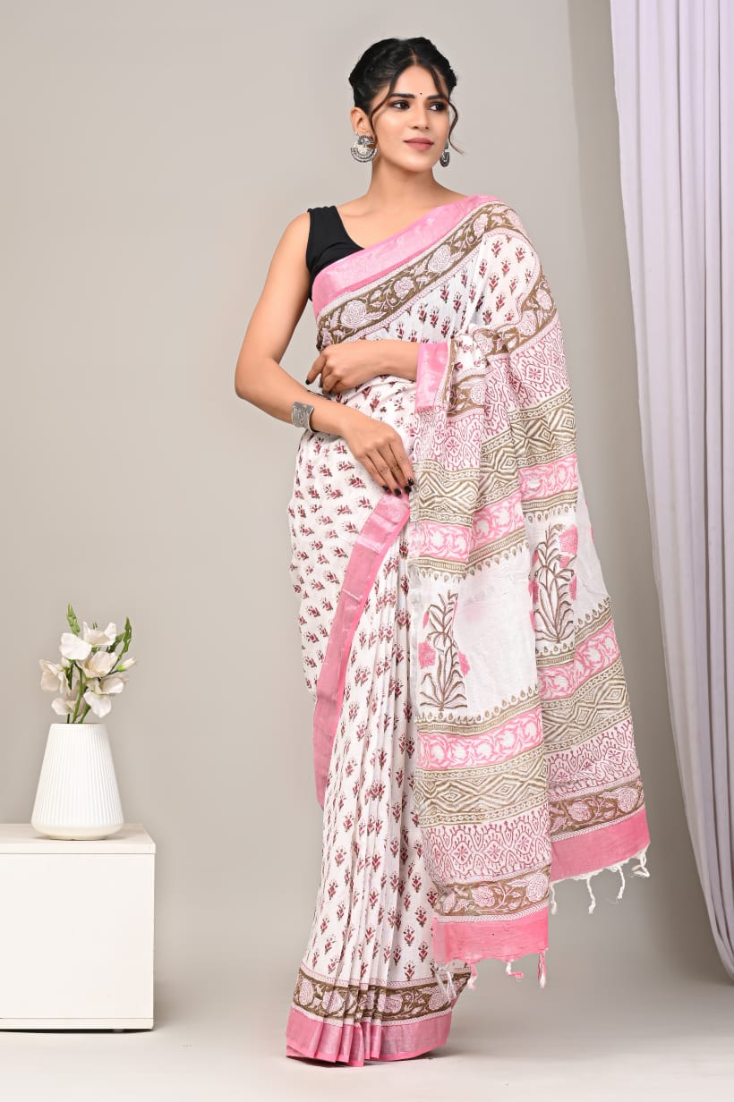 Chic Printed Linen Saree With Coordinated Stylish Blouse Ideal For Celebrations