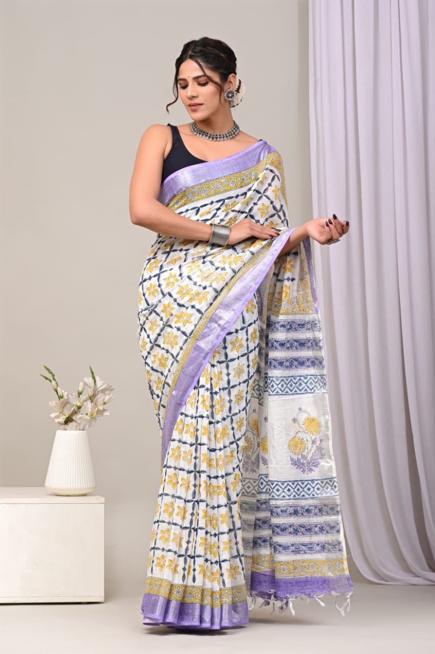 Traditional Linen Saree With Printed Detail And Fashion Forward Blouse Design
