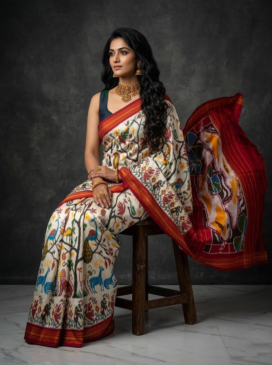 White Barista Soft Silks Saree with Multicolor Artistic Print