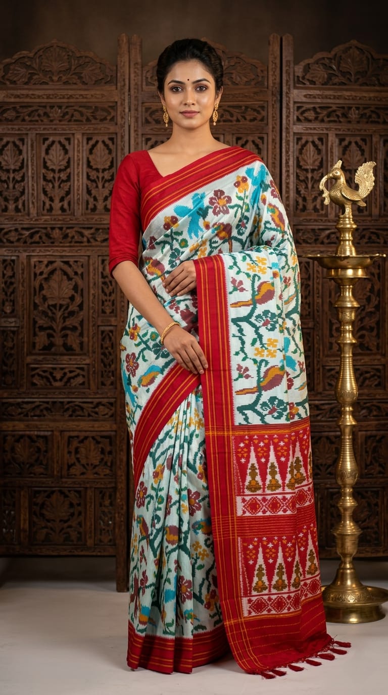 White Barista Soft Silks Saree with Multicolor Floral Designer Print