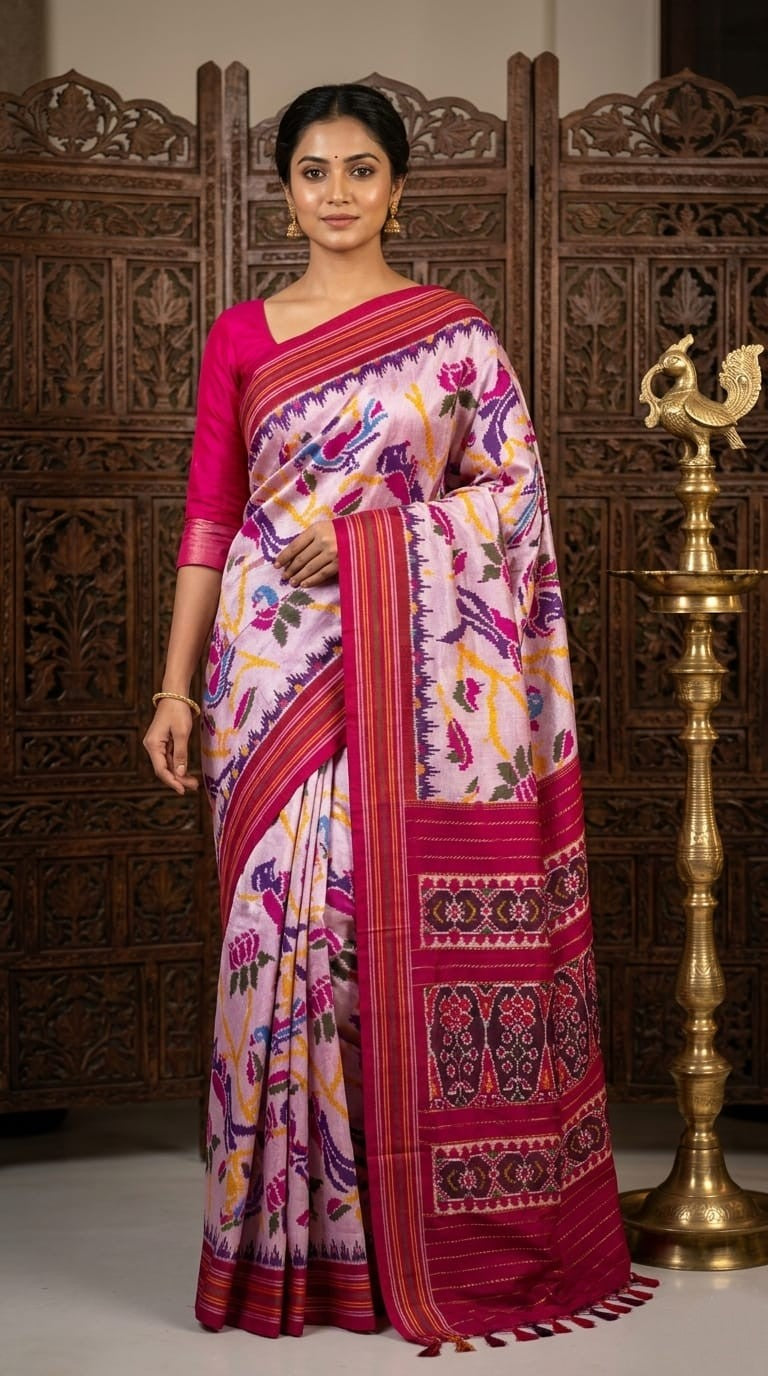 White Barista Soft Silks Saree with Pink Floral Designer Print