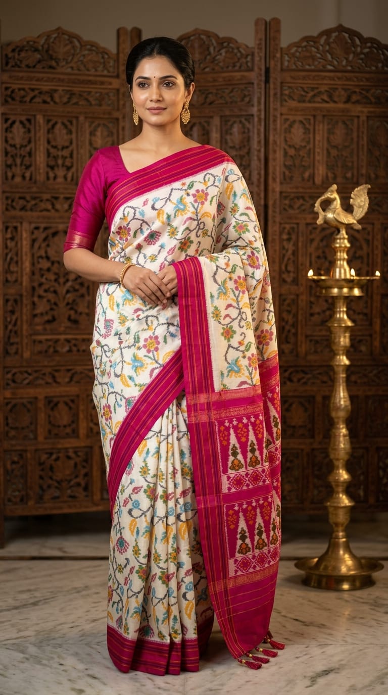 White Barista Soft Silks Saree with Pink Traditional Ikat Border