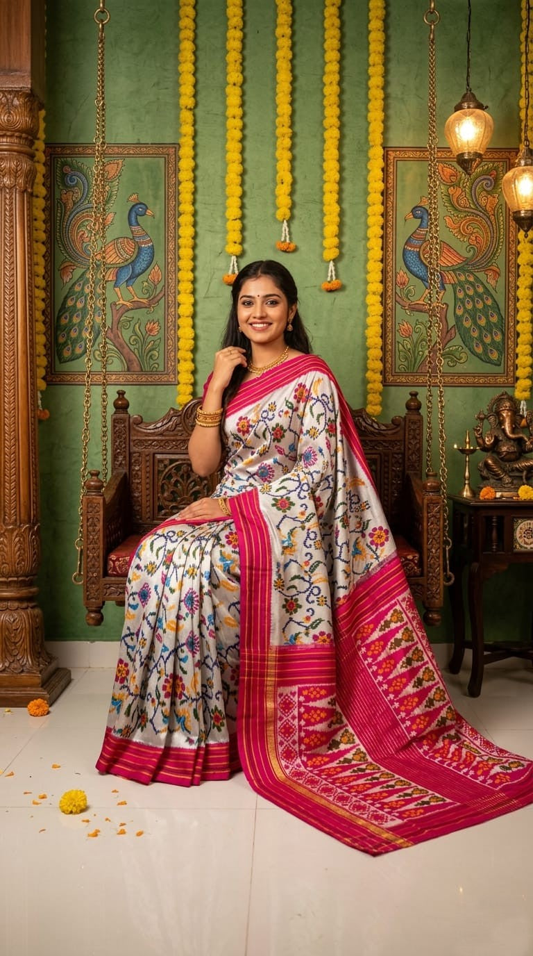 White Barista Soft Silks Saree with Pink Traditional Printed Border