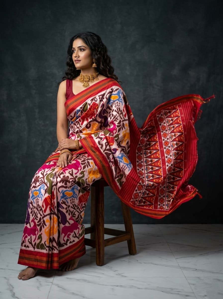 White Barista Soft Silks Saree with Red Artistic Designer Border