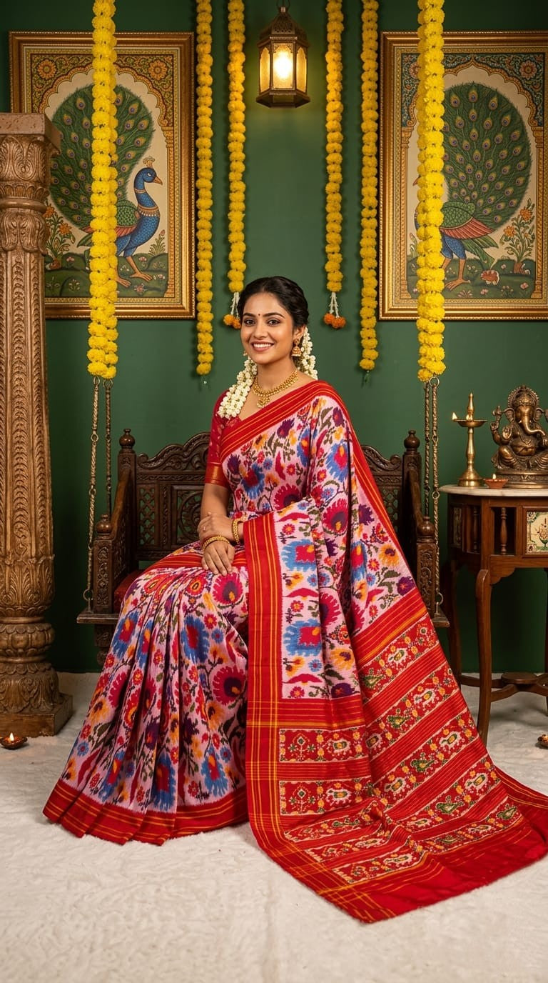 White Barista Soft Silks Saree with Red Designer Artistic Print