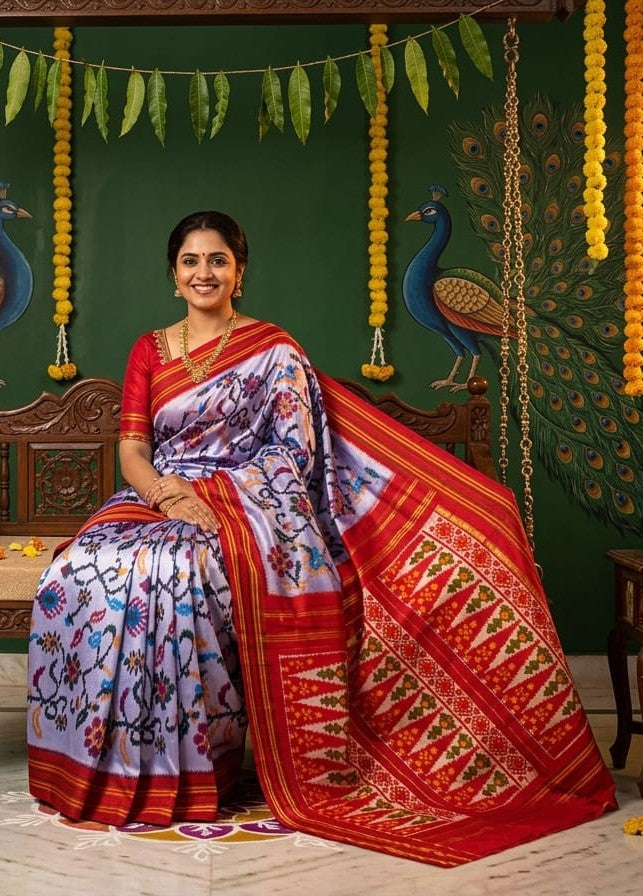 White Barista Soft Silks Saree with Red Elegant Ethnic Weaving