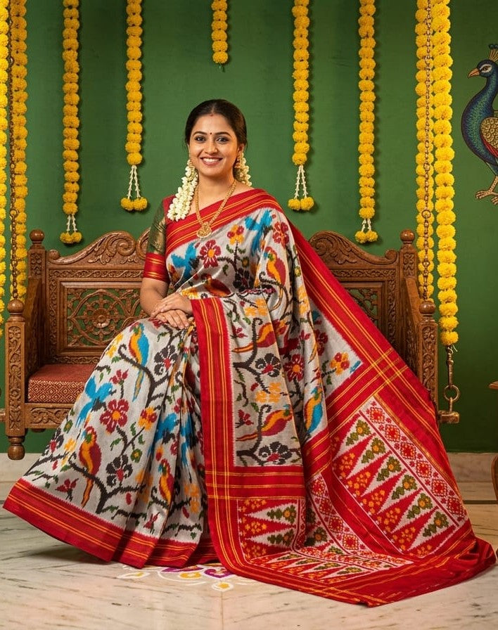 White Barista Soft Silks Saree with Red Multicolor Ethnic Print