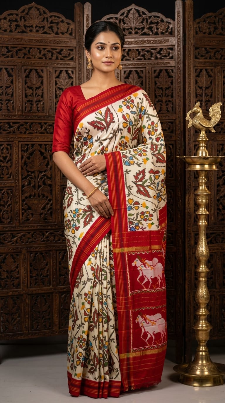 White Barista Soft Silks Saree with Red Rich Ethnic Border