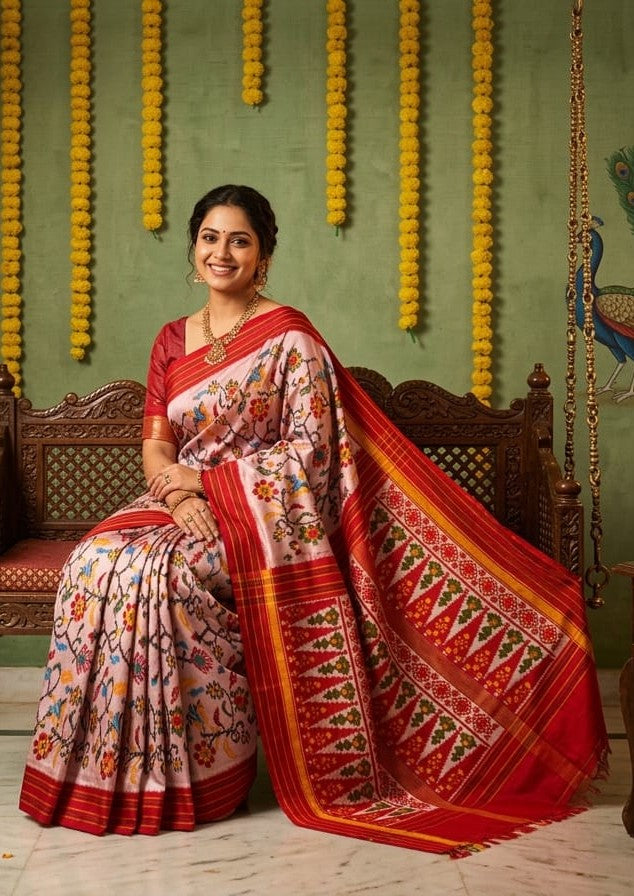 White Barista Soft Silks Saree with Red Rich Ethnic Print