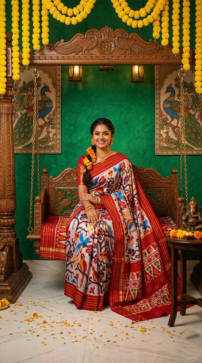 White Barista Soft Silks Saree with Red Traditional Printed Border