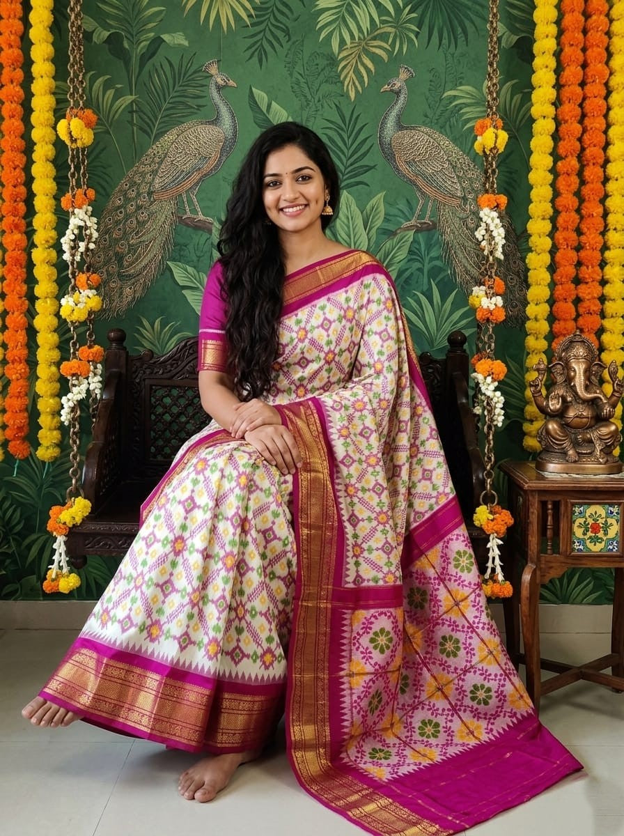 White Handloom Pattu Silk Saree with Pink Floral Designer Weaving
