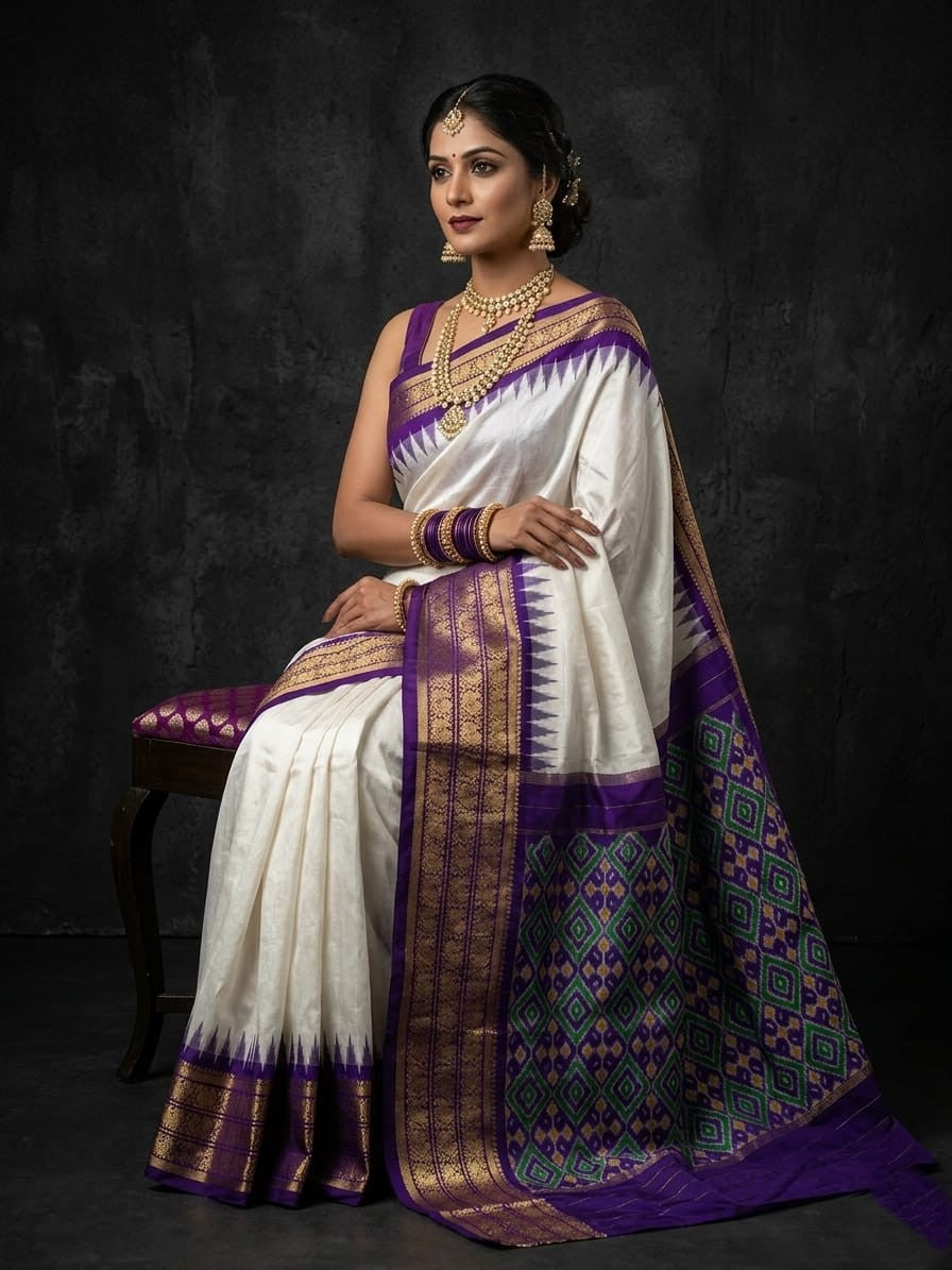 White Handloom Pattu Silk Saree with Purple Royal Designer Pallu