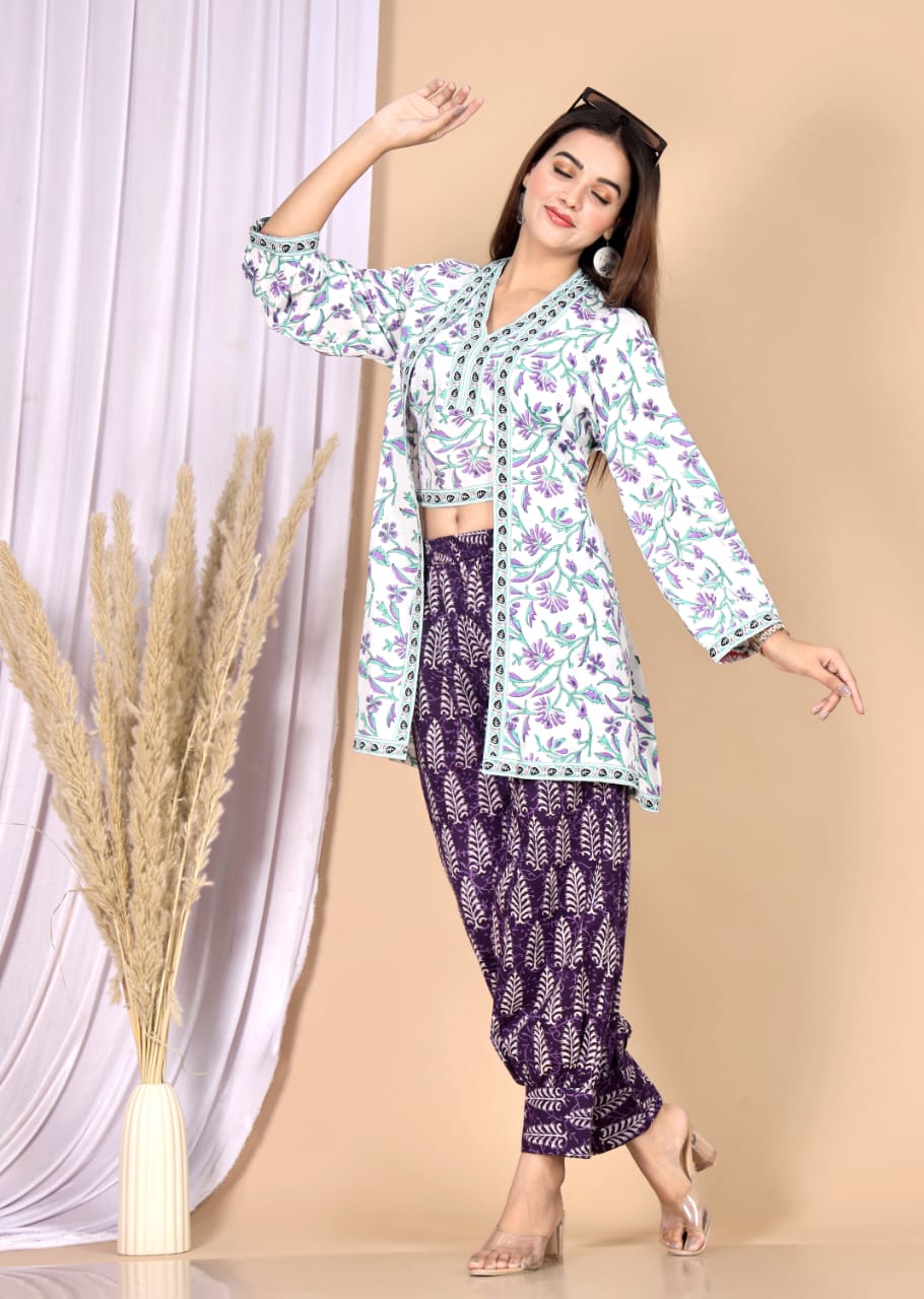 White Navy Block Printed 3-Piece Choli Shrug & Pant Set