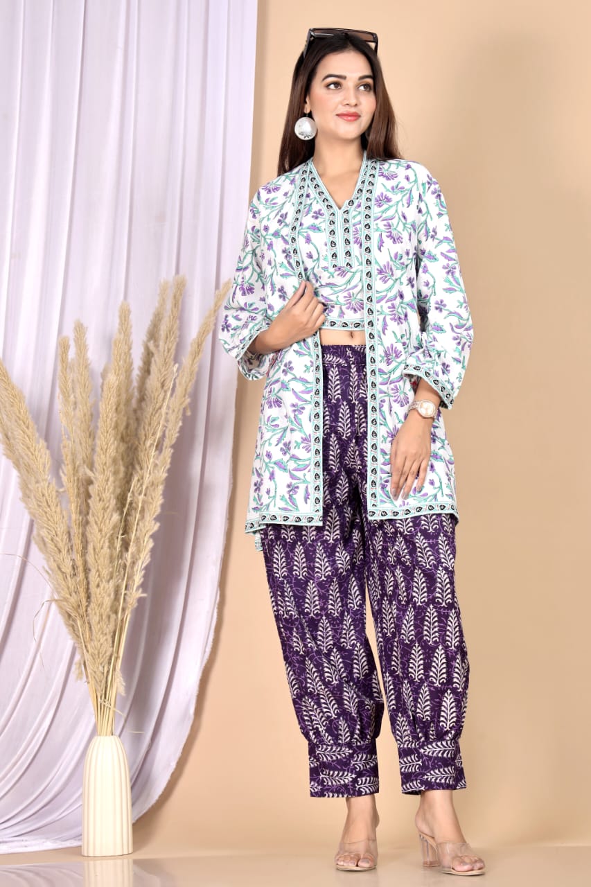 White Navy Block Printed 3-Piece Choli Shrug & Pant Set