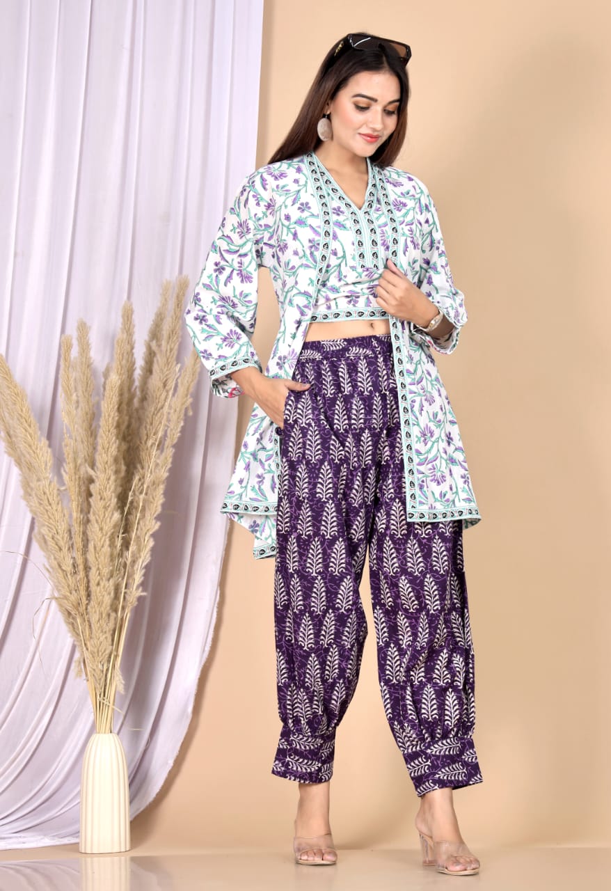 White Navy Block Printed 3-Piece Choli Shrug & Pant Set