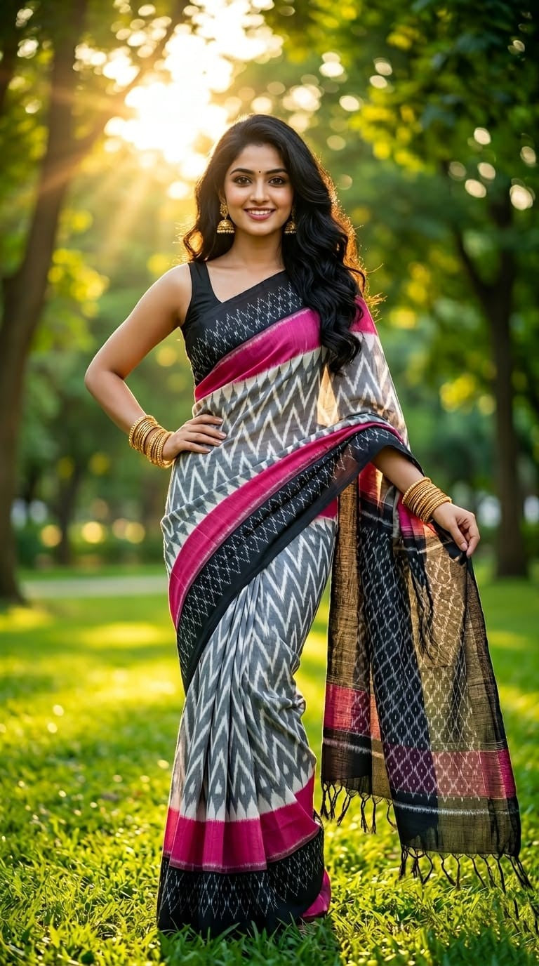 White and Black Ikat Linen Saree with Pink Border | Indo-Fusion Daily Wear