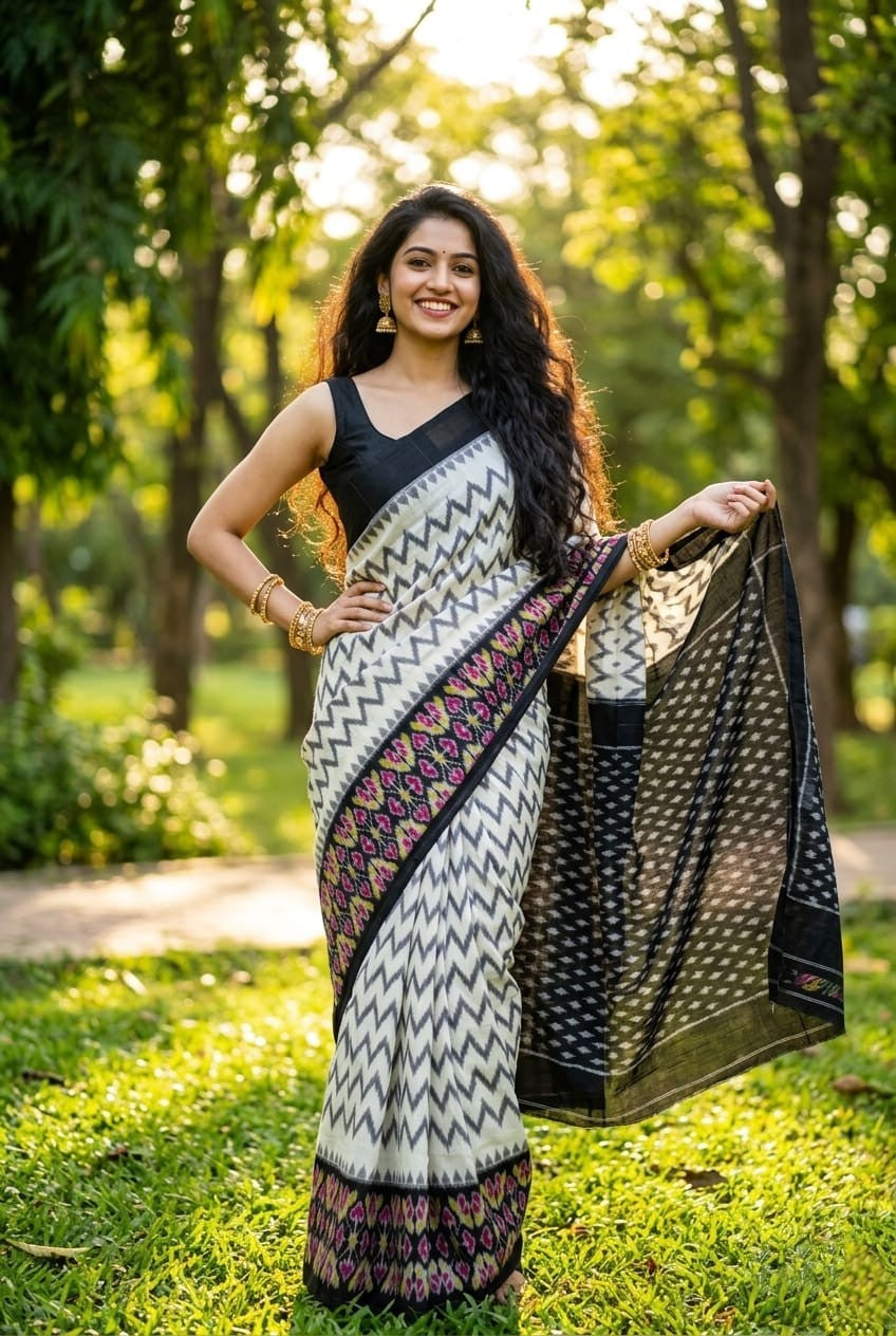 White and Black Ikat Linen Saree with Wine Border | Ethnic Casual Drape