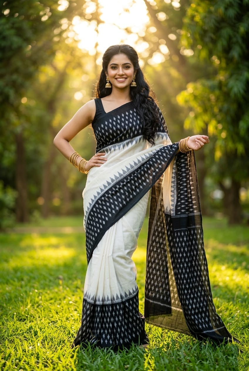 White and Black Linen Saree with Buta Print and Dark Border | Simple Ethnic