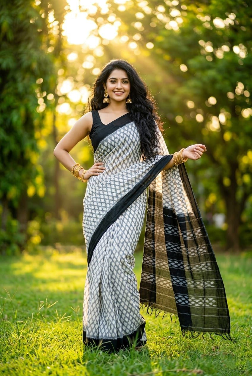 White and Black Striped Linen Saree with Dark Border | Minimalist Ethnic Saree