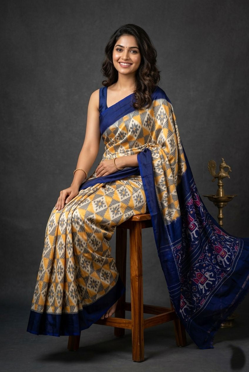 White and Blue Barista Soft Silks Saree with Royal Designer Border