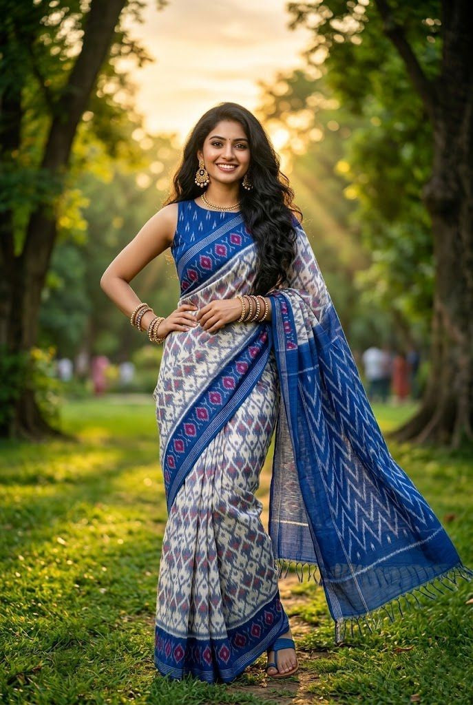 White and Blue Buta Linen Saree with Printed Border | Casual Everyday Drape