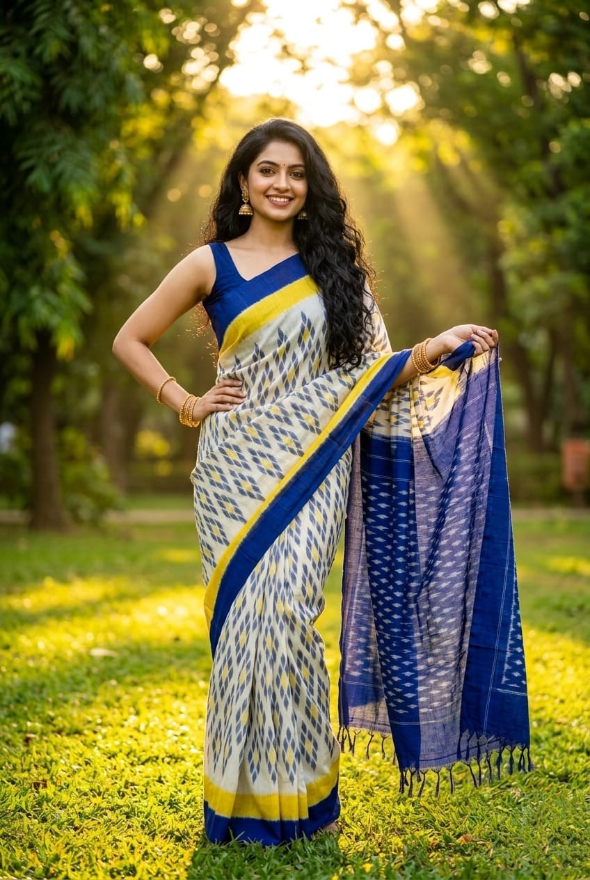 White and Blue Buta Linen Saree with Yellow Border | Vibrant Handloom Drape