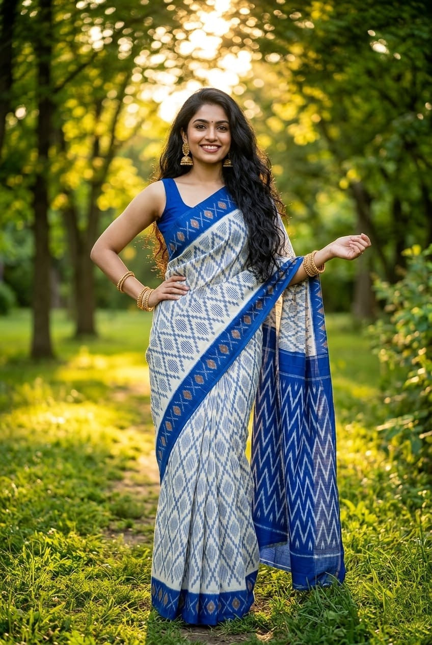White and Blue Linen Saree with Geometric Print | Clean Modern Ethnic Wear