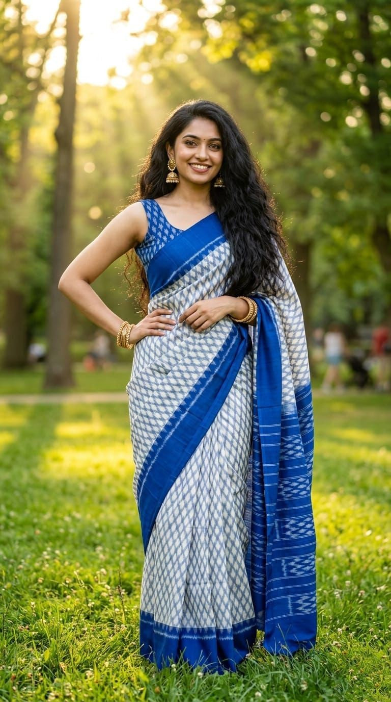White and Blue Striped Linen Saree with Dark Border | Classic Summer Festive