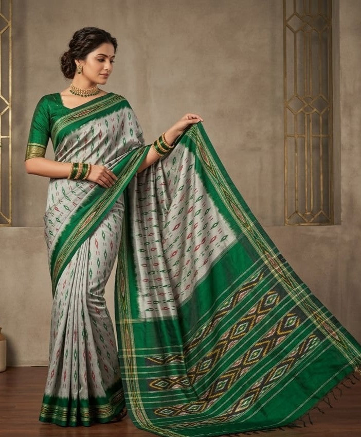 White and Green Barista Soft Silks Saree with Elegant Temple Border