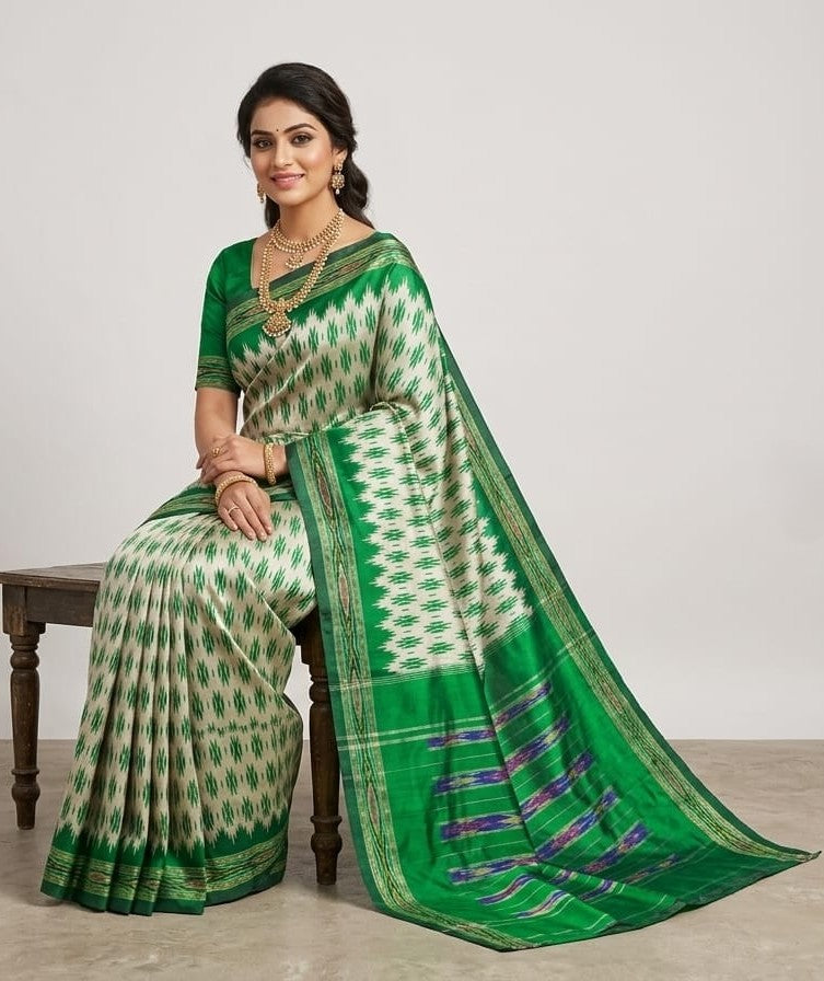 White and Green Barista Soft Silks Saree with Traditional Ethnic Weaving