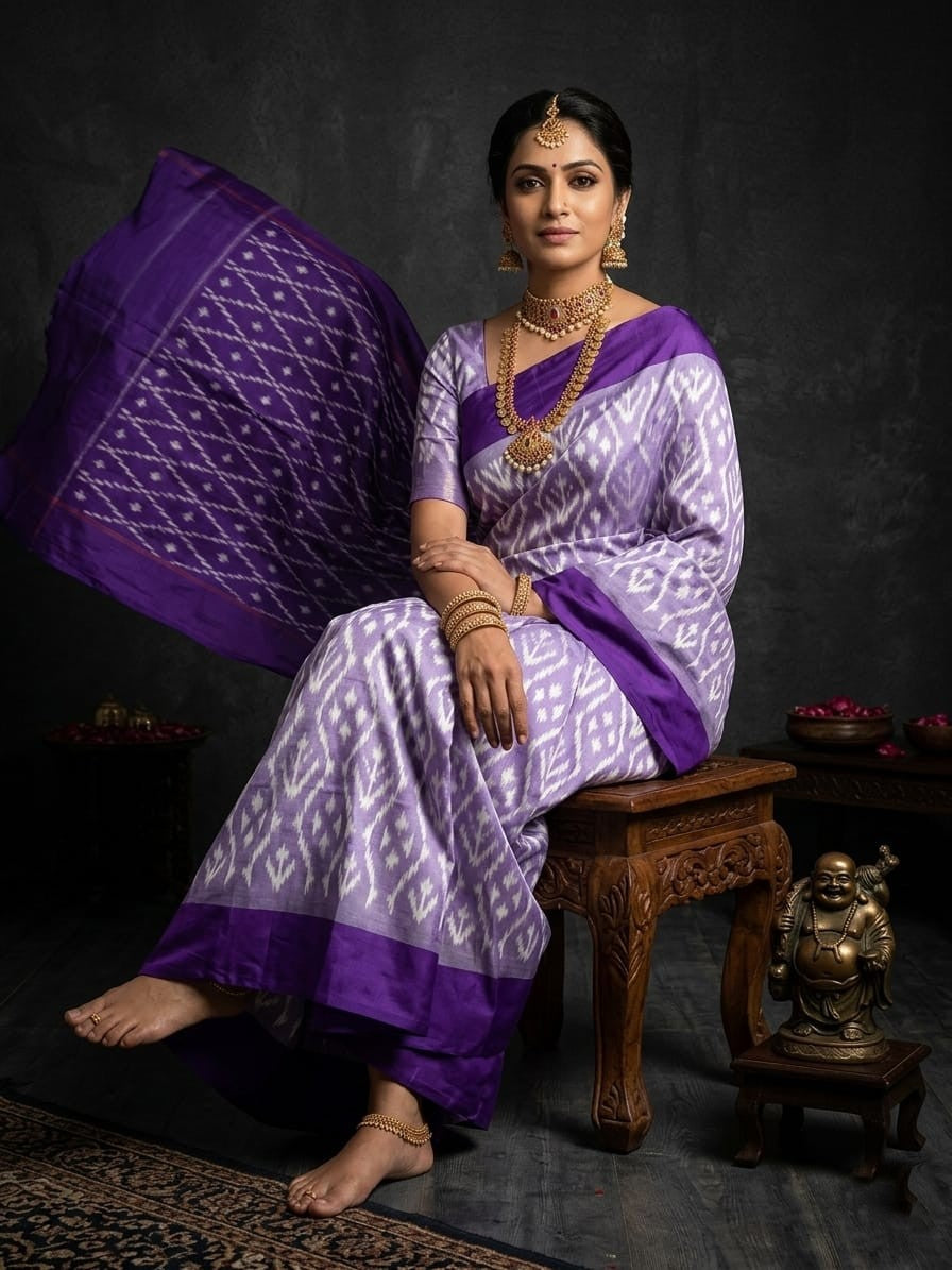 White and Purple Barista Soft Silks Saree with Rich Geometric Pallu