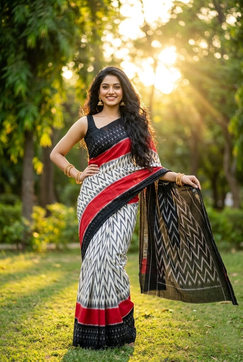 White and Red Black Border Linen Saree | Contrast Drape for Festive Occasions