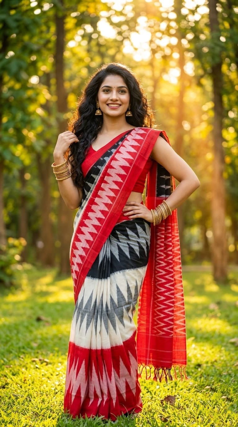 White and Red Tie-Dye Style Linen Saree | Shibori Inspired Festive Drape