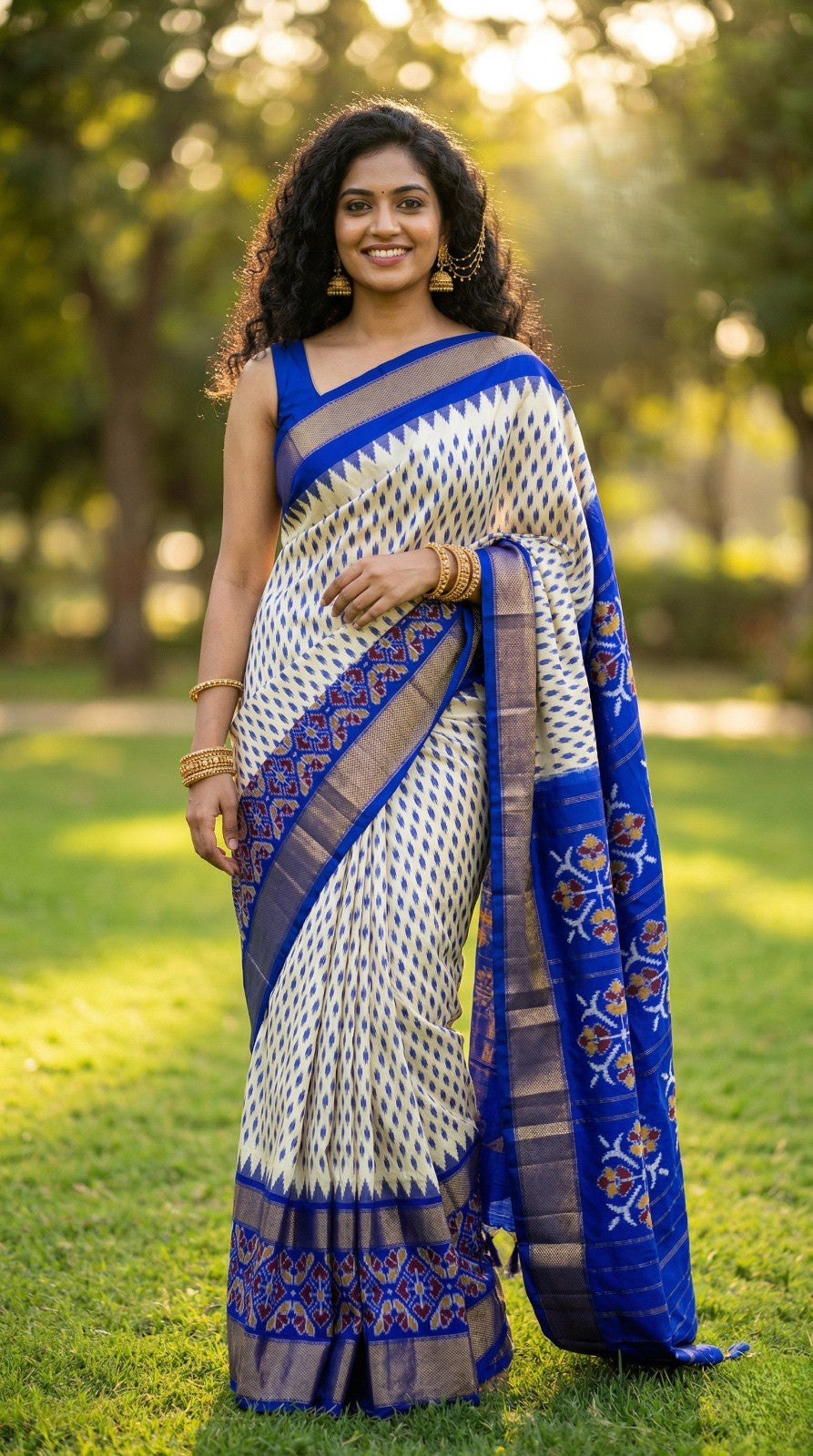 White and Royal Blue Bentex Handloom Silk Saree with Elegant Temple Border