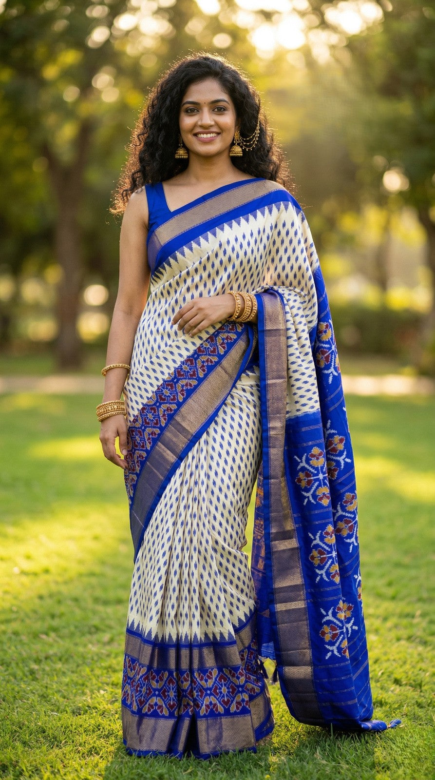 White and Royal Blue Bentex Handloom Silk Saree with Rich Ethnic Border