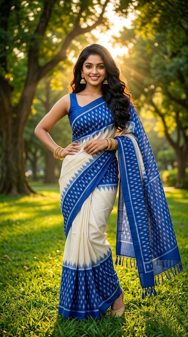 White and Royal Blue Linen Saree with Striped Blue Pallu | Modern Drape