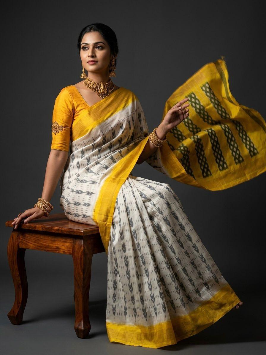 White and Yellow Barista Soft Silks Saree with Elegant Ethnic Print