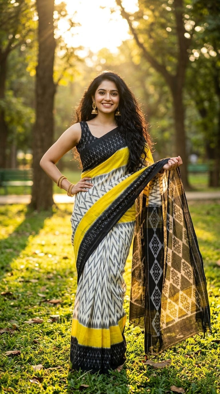 White and Yellow Geometric Linen Saree with Black Border | Everyday Elegance