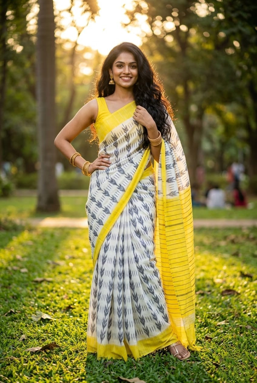 White and Yellow Linen Saree with Grey Print | Lightweight Casual Ethnic Drape
