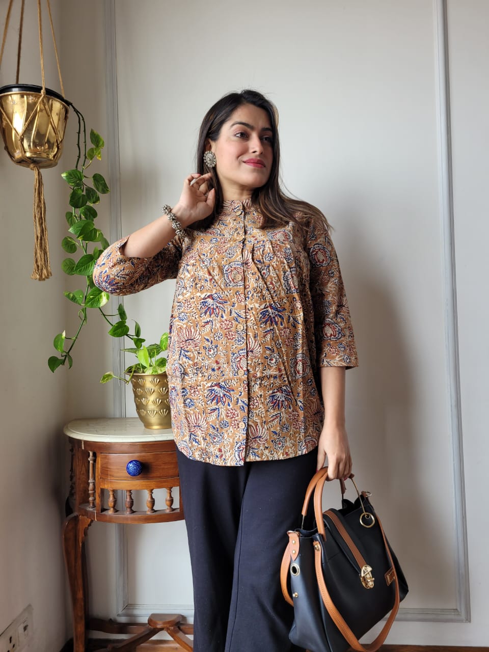 Women's Beige Brown Vintage Floral Jaal Print Top | Mandarin Collar 3/4 Sleeve Casual Ethnic Shirt