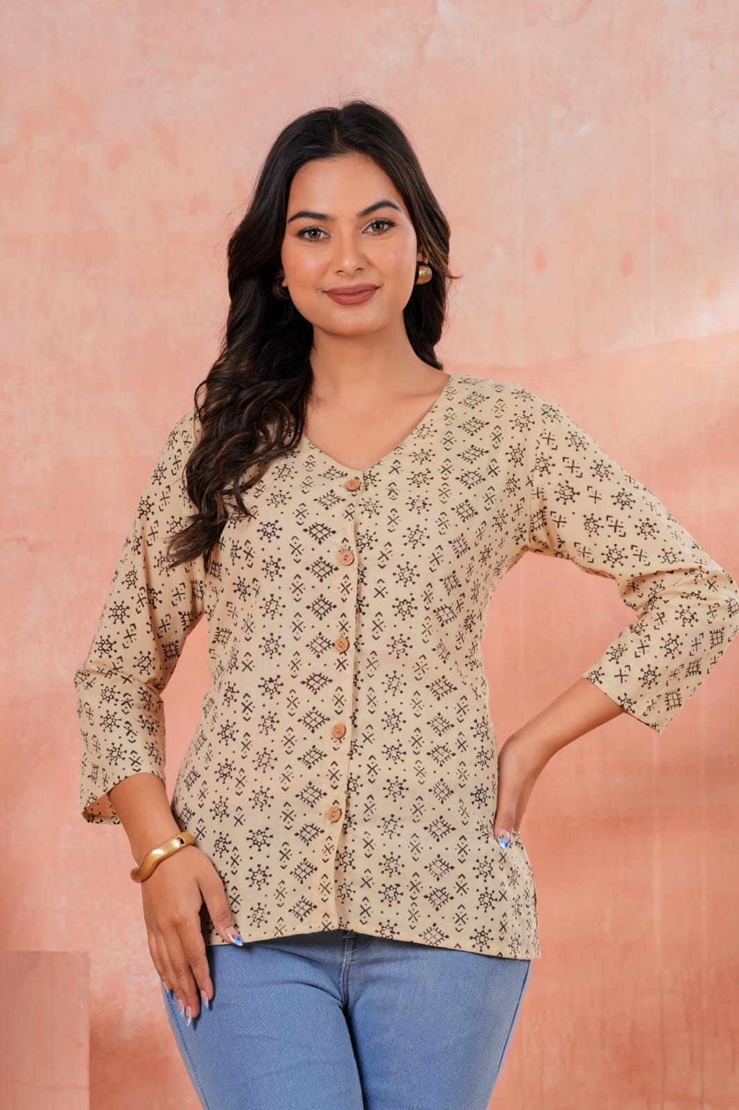 Women's Beige Floral Block Print V-Neck 3/4 Sleeve Cotton Short Kurti Top
