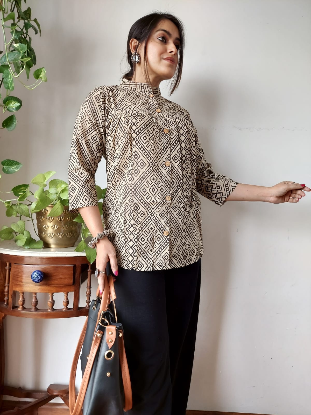 Women's Beige & Grey Paisley Print Oversized Top | Casual Loose Fit Ethnic Wear