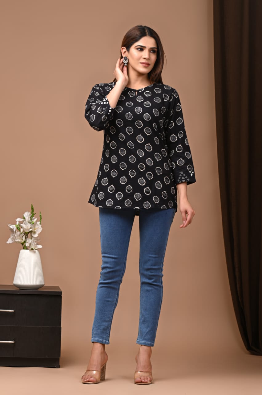 Women's Black All-Over Floral Buti Print Short Top | Round Neck Casual Relaxed Fit Ethnic Wear