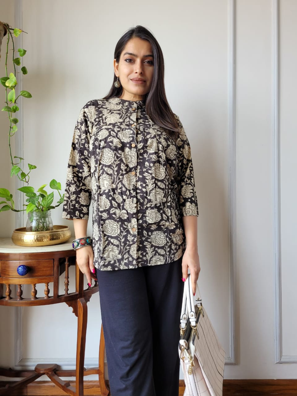 Women's Black Floral Jaal Print Casual Top | Loose Fit 3/4 Sleeve Ethnic Kurti Shirt