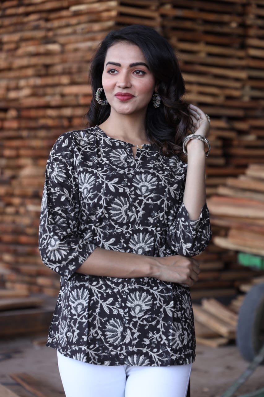 Women's Black Floral Printed Casual Top | Relaxed Fit Ethnic Shirt