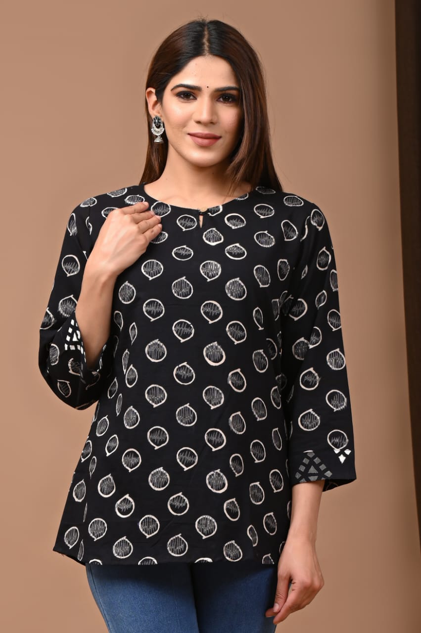 Women's Black Geometric Medallion Print Short Top | Round Neck Casual Relaxed Fit Ethnic Wear