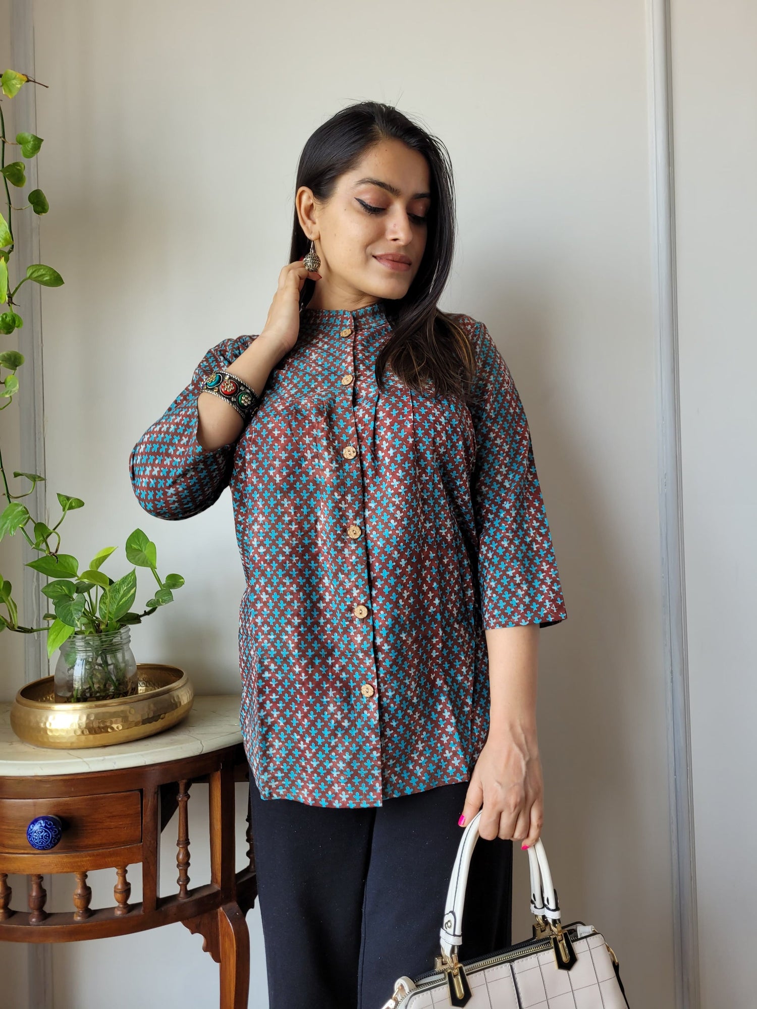 Women's Black Geometric Printed Casual Top | Mandarin Collar Ethnic Wear