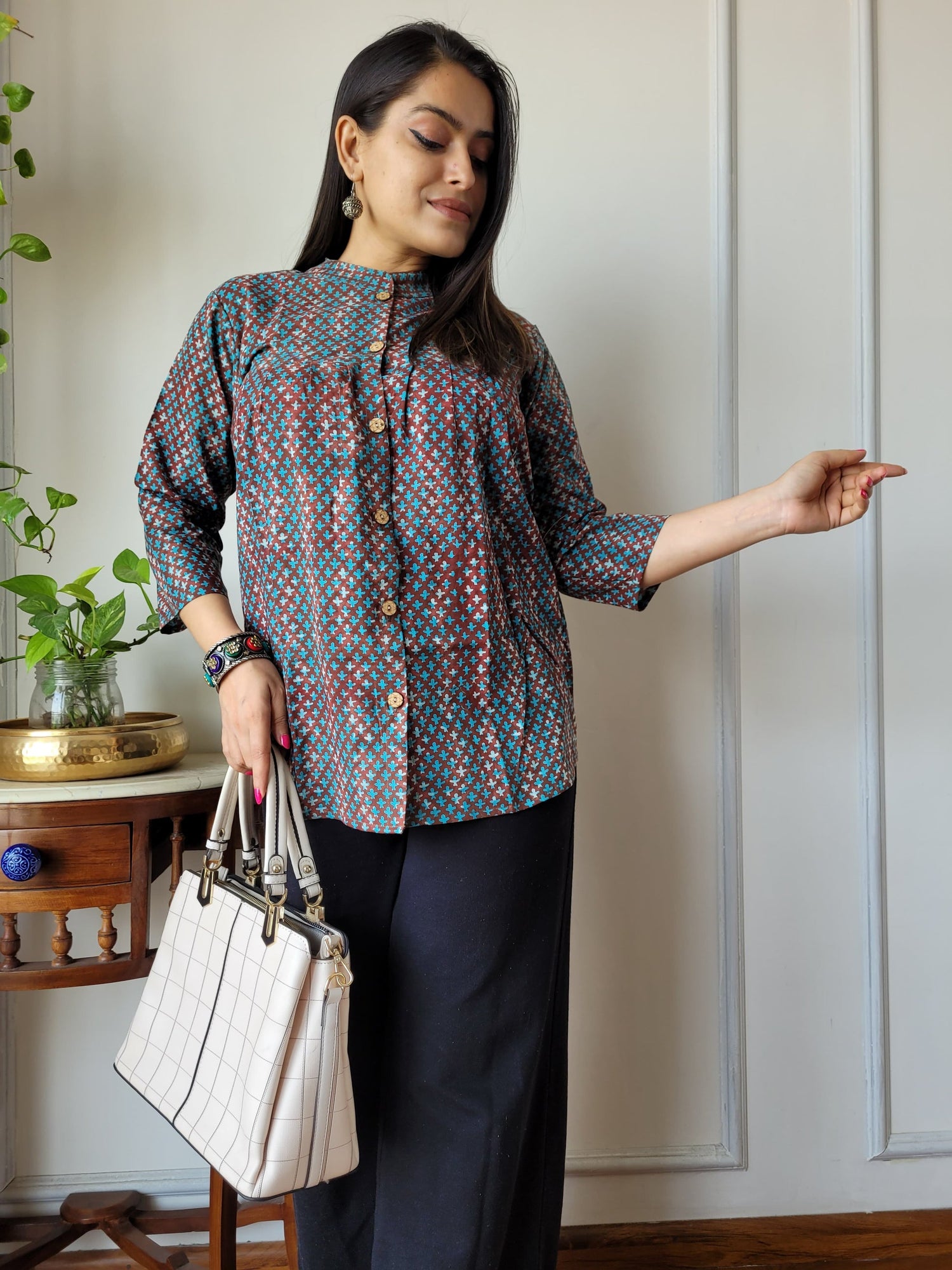 Women's Black Geometric Printed Casual Top | Mandarin Collar Ethnic Wear
