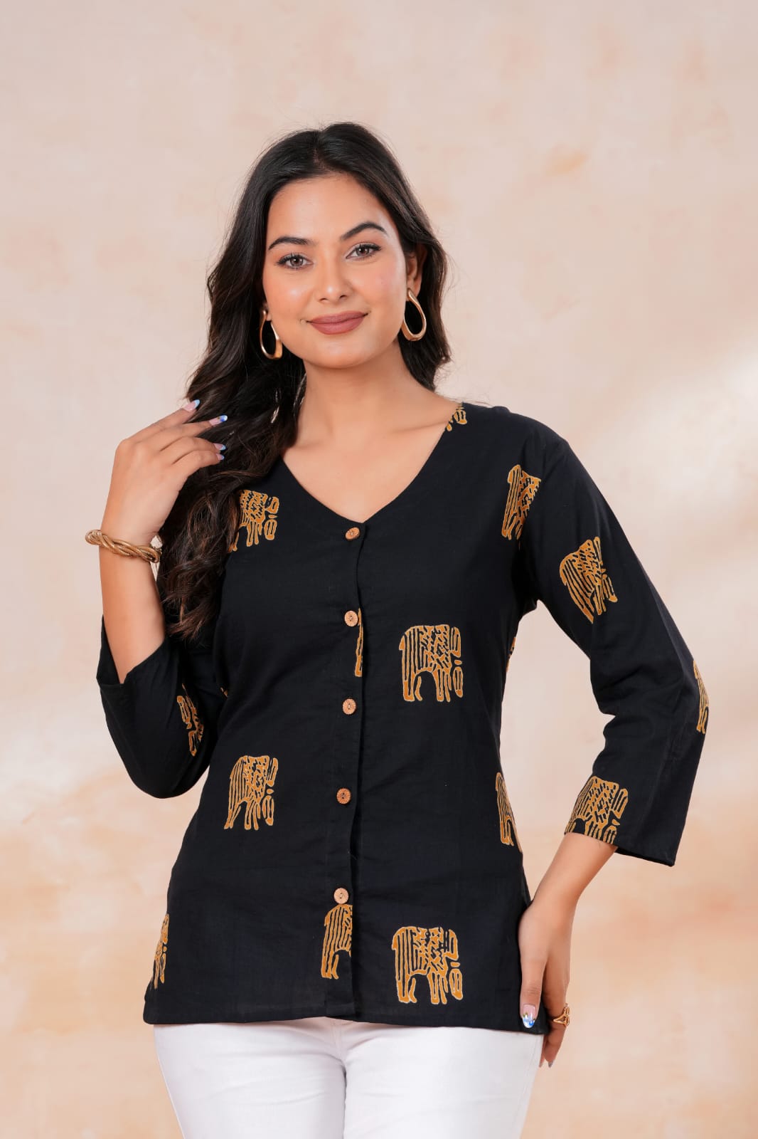Women's Black Golden Elephant Motif Embroidered Button-Front Short Kurti Top Festive Party Wear