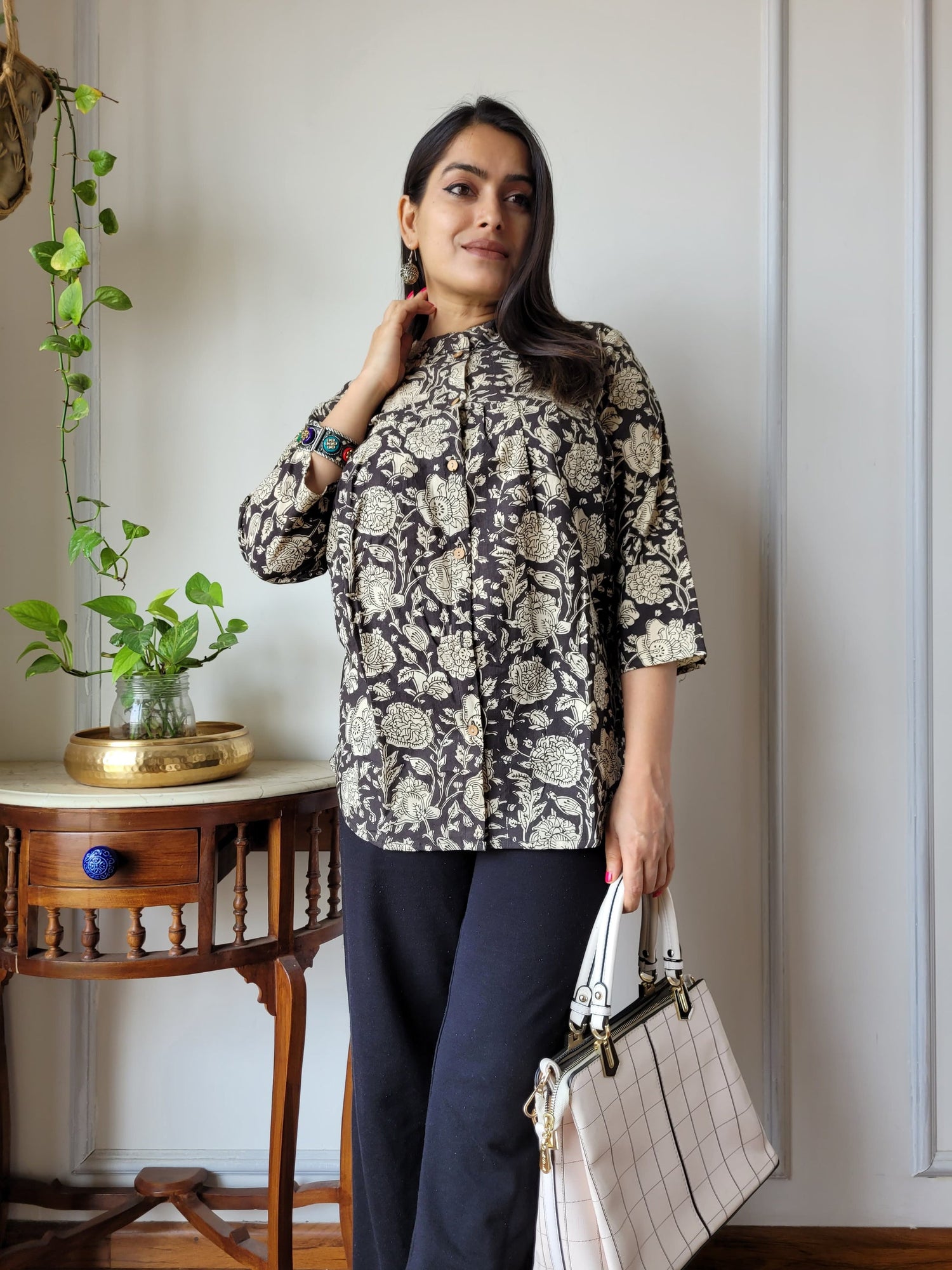 Women's Black & White Bold Floral Print Top | Full Sleeve Relaxed Fit Casual Ethnic Shirt